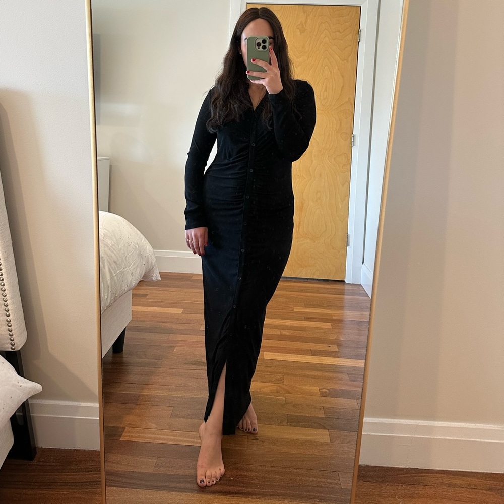 Black tight rouged long dress with buttons size XL 100% cotton, stretchy comfy